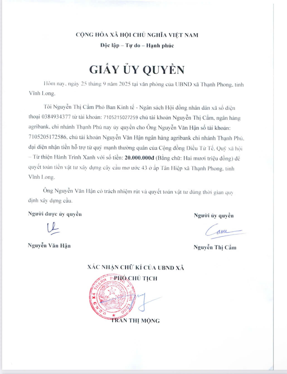 CA108 XÂY CẦU ẤP TÂN HIỆP - XÃ THẠNH PHONG - TỈNH VĨNH LONG